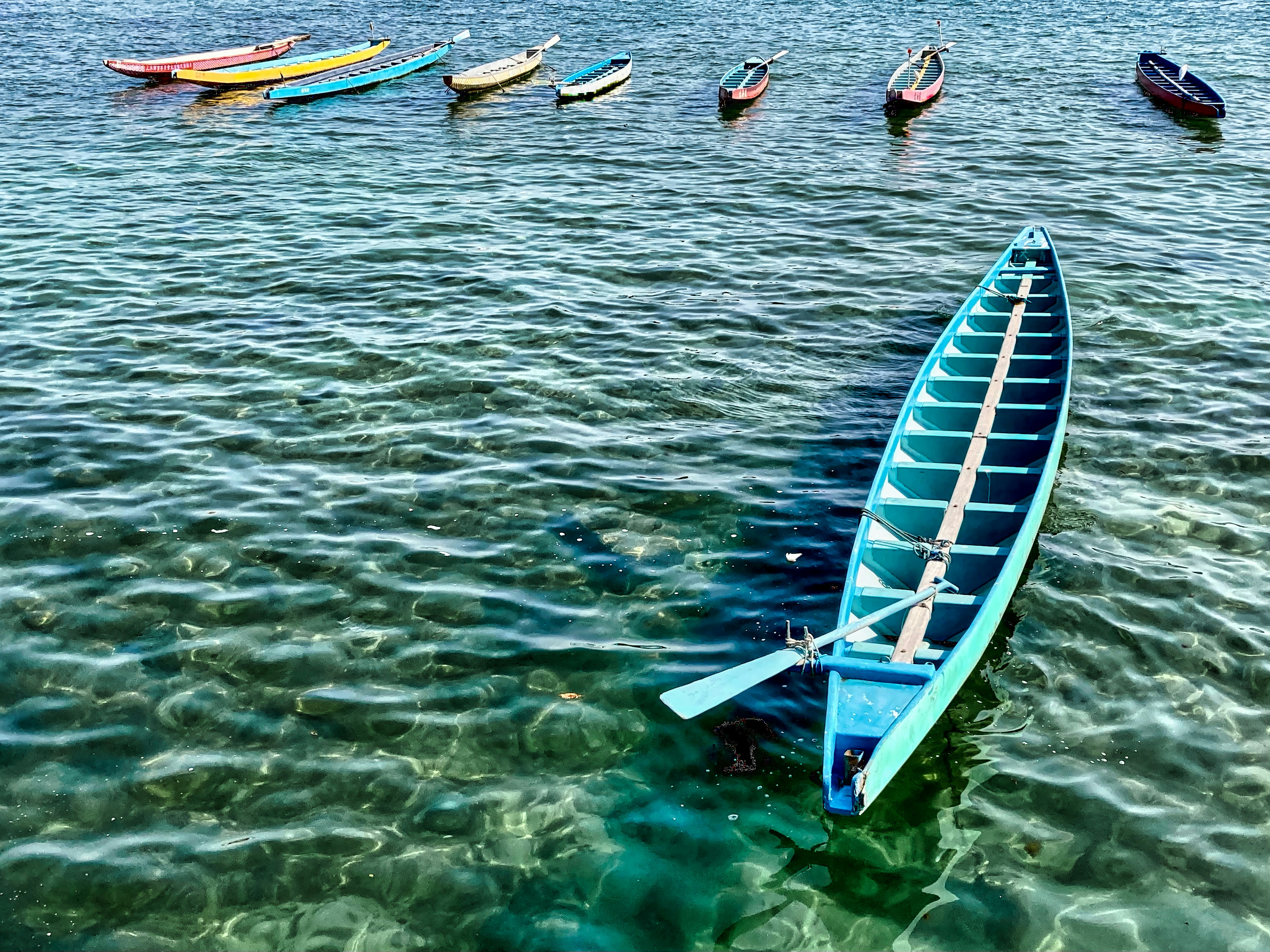 people riding on blue and white kayak on body of water during daytime