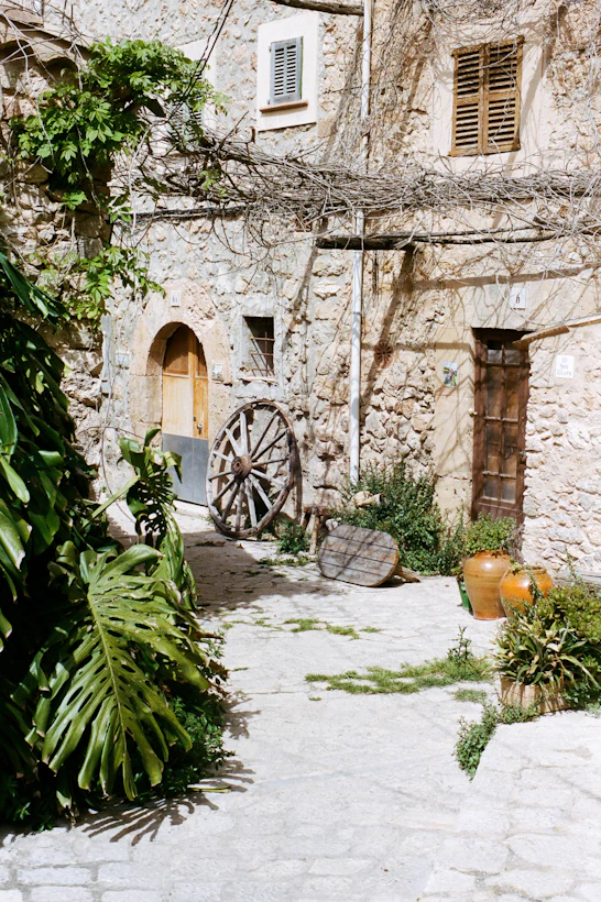 Mediterranean stone architecture surrounded by lush greenery