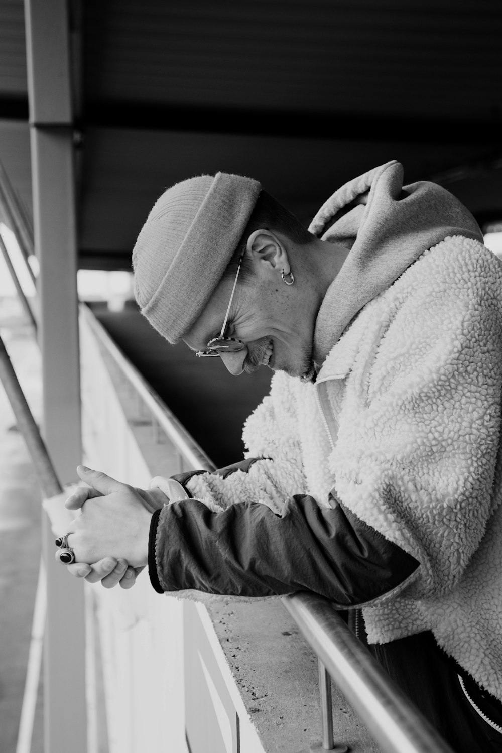 man in white long sleeve shirt and gray knit cap