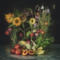 A variety of flowers and fruits are artfully arranged on a marble surface. Sunflowers, zinnias, and other blooms create a vibrant bouquet, while tomatoes, peaches, corn, and peppers are displayed in the foreground.