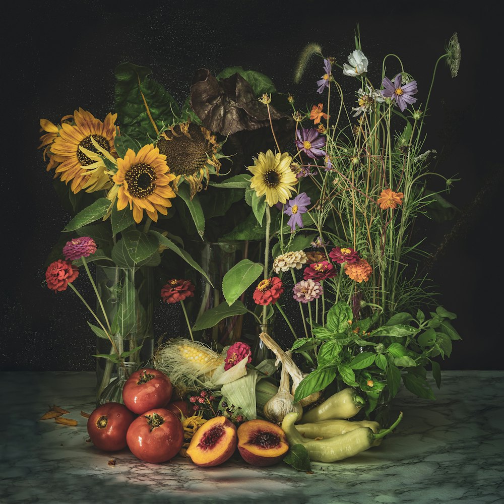 yellow and purple flowers with green leaves