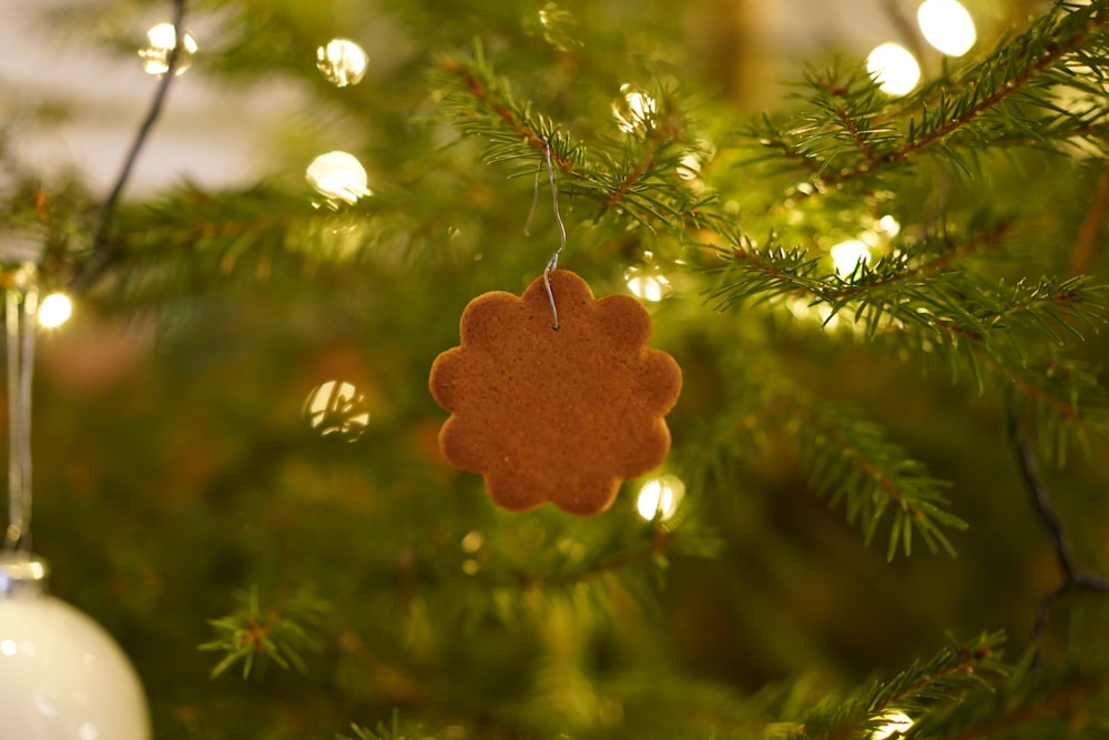 brown heart hanging ornament on green christmas tree