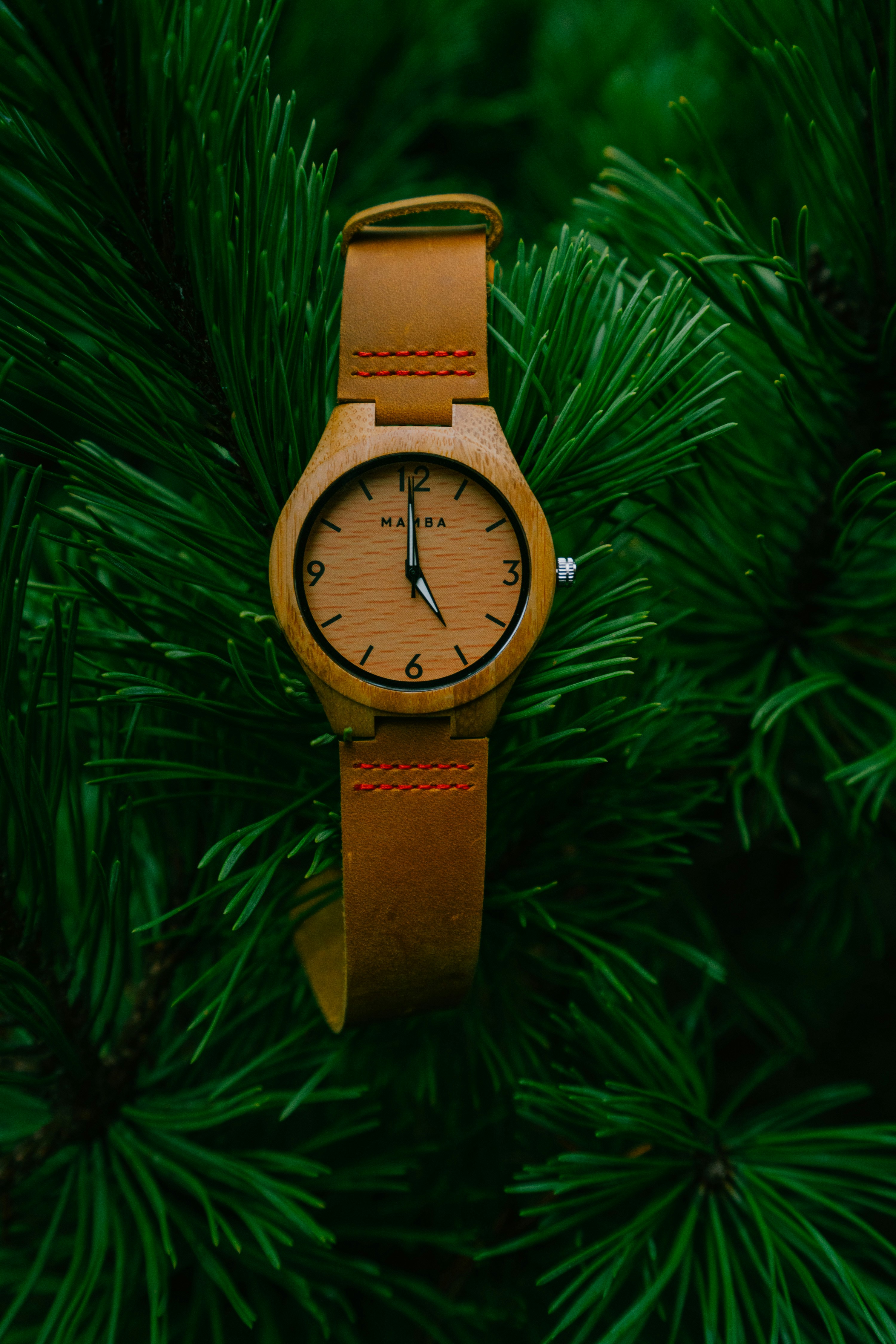 brown leather strap white analog watch