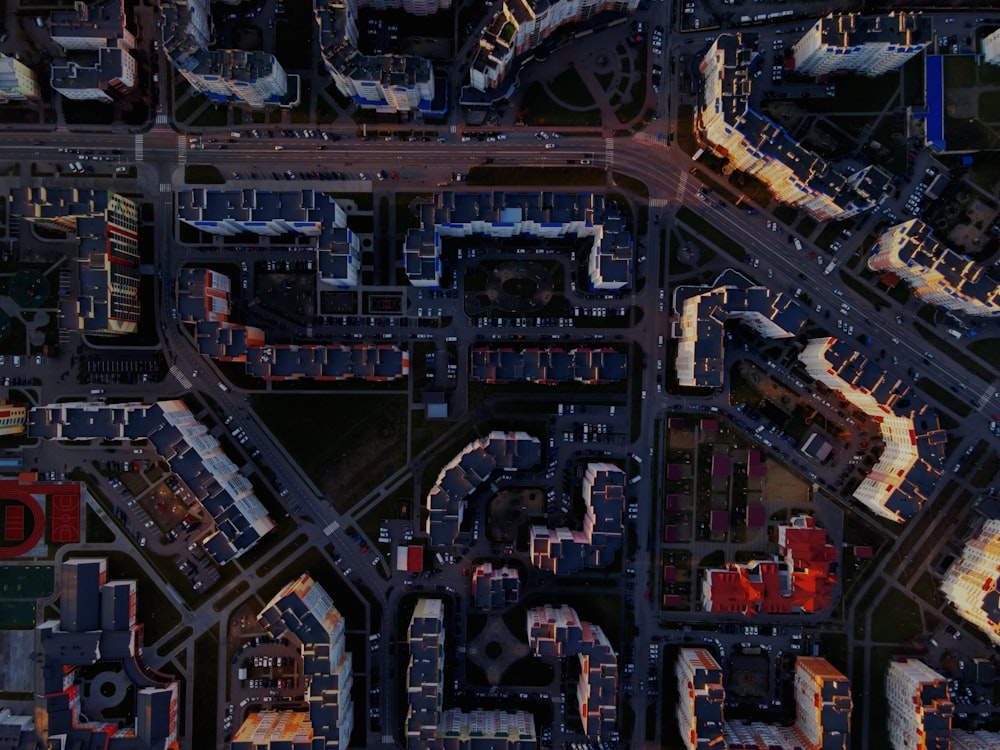 aerial view of city buildings during night time