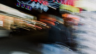 A surreal collage of blurred faces and flickering neon lights capturing a mysterious, vintage atmosphere.