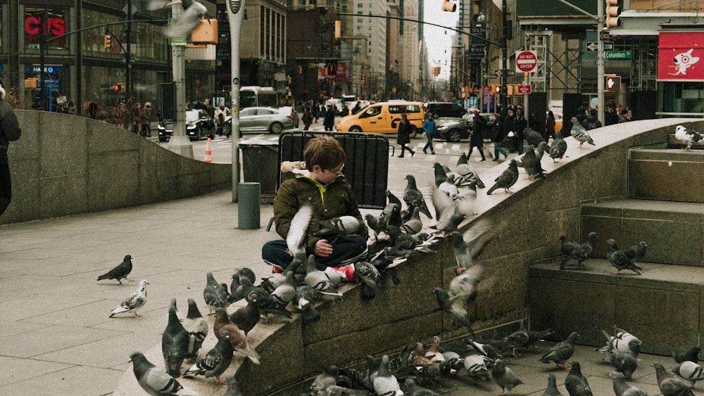 people sitting on sidewalk with pigeons on the street during daytime