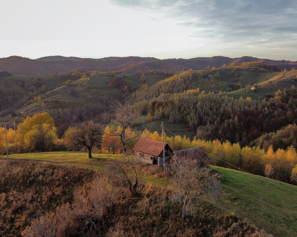 maison brune sur un champ d’herbe verte pendant la journée