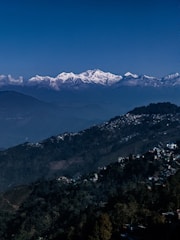 A panoramic view of Shimla's lush hills and colonial architecture under a clear blue sky.