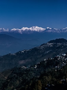 A panoramic view of lush green residential plots overlooking the majestic Himalayas under a clear blue sky.