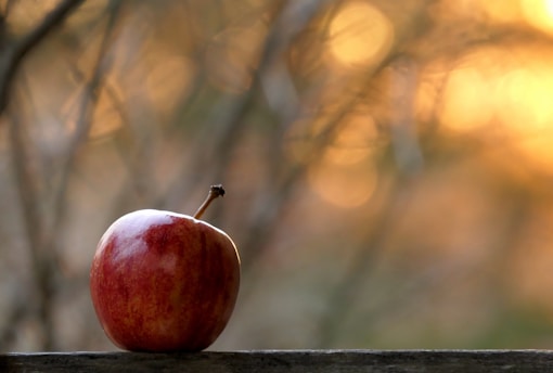 A close-up of a red apple resting on a wooden table, symbolizing love and spirituality.
