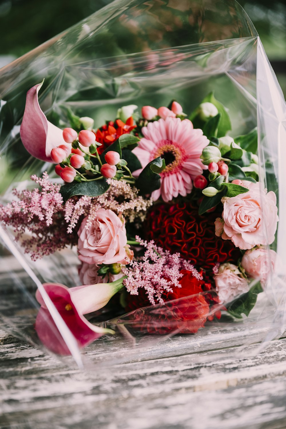 red and pink flowers in clear glass vase