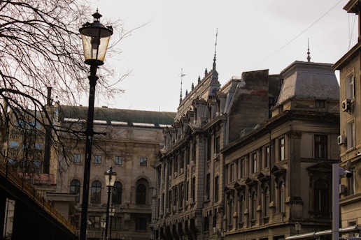 A row of historical European buildings with ornate architectural details is framed by a bare tree branch and street lamps in a city setting.