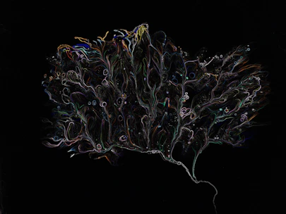 Abstract neural network pattern in deep violet on a dark background.