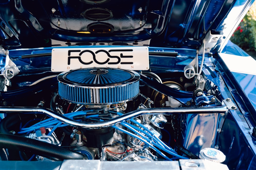 blue and silver car engine