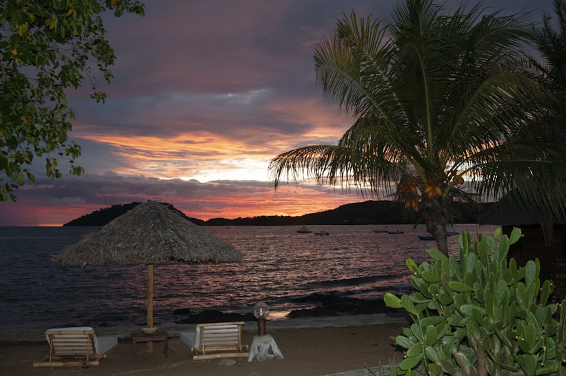 A serene beach setting during sunset with a dramatic sky, featuring hues of orange, pink, and purple blending together. The foreground contains two lounge chairs under a thatched umbrella, surrounded by lush palm trees and succulent plants. The ocean is calm, with a few small boats visible in the distance, creating a tranquil and picturesque atmosphere.