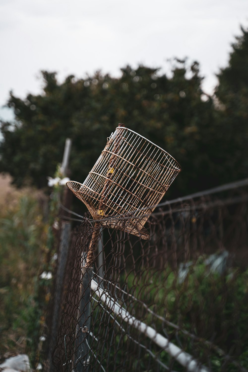 white metal basket on grey metal fence during daytime