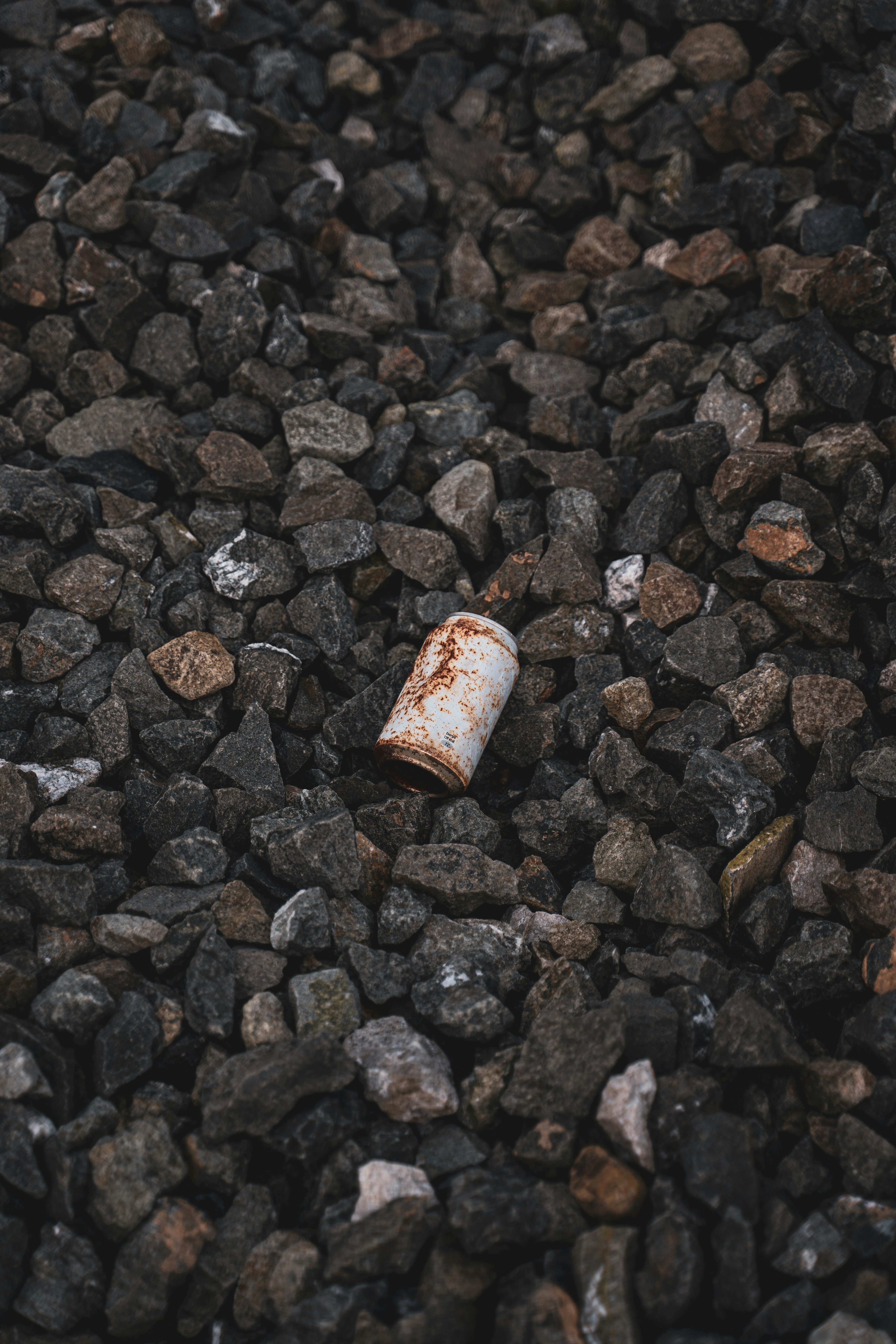 Brauner und weißer Plastikbecher auf braunen und schwarzen Steinen