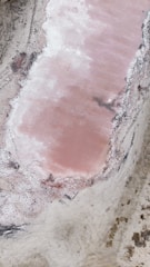 Aerial view of a pink-hued body of water surrounded by white mineral deposits and patches of sparse vegetation. The landscape appears arid and barren, with natural textures creating a striking contrast between the colors.