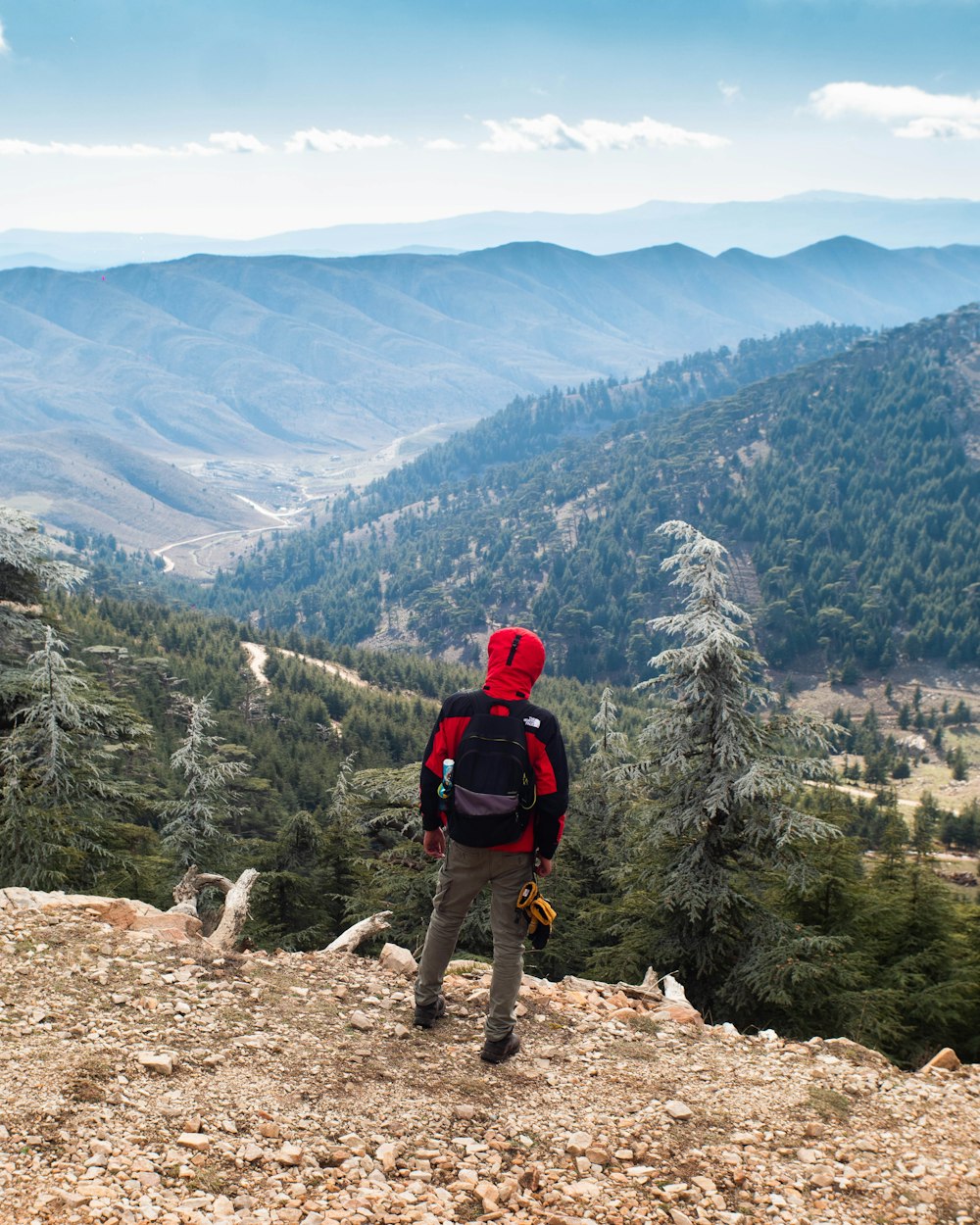 Hombre en chaqueta roja y negra y pantalones negros de pie en la montaña rocosa durante el día