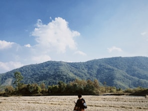 Visitors enjoying a serene farm walk surrounded by green fields and blue skies