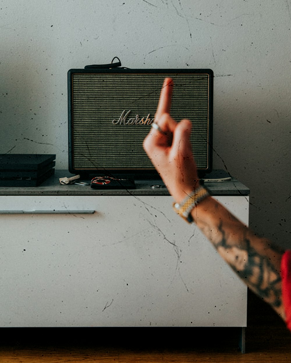 person holding black and gray speaker