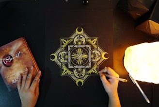 An intricate geometric mandala design is being drawn with gold ink on a black paper. The image includes two hands, one holding a pen and the other resting on the table, adorned with rings. There is a glowing lamp on the right side, casting warm light, and a book titled 'The Secret' on the left.