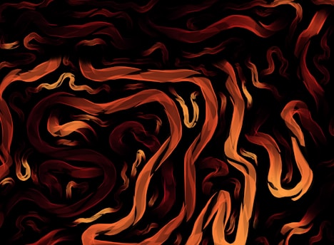 Abstract swirls and flowing shapes in shades of orange, red, and black create a dynamic and energetic pattern resembling fire or flames.