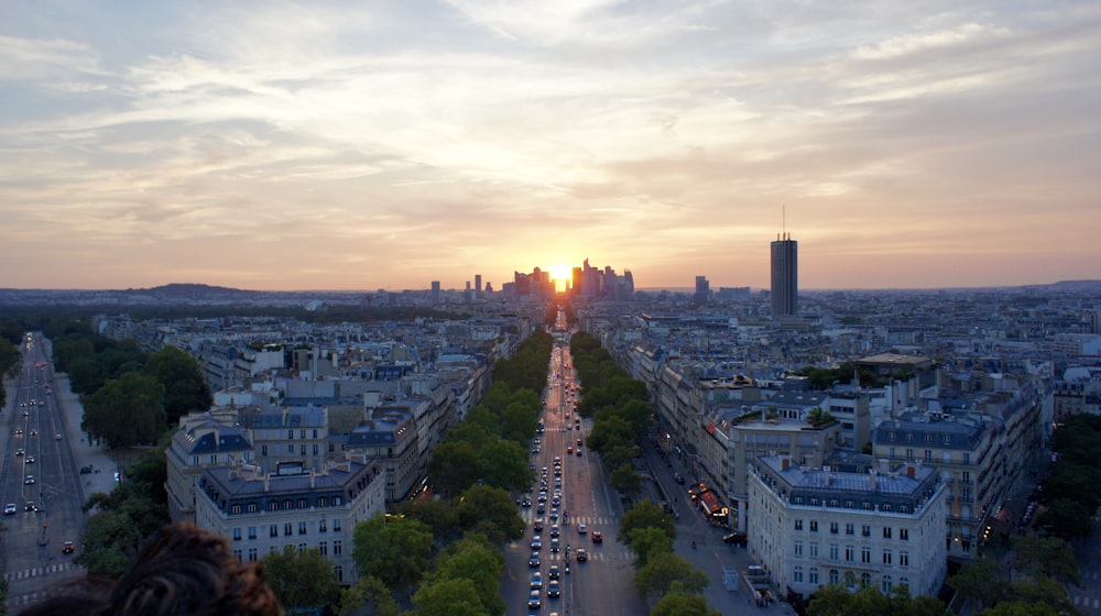 aerial view of city buildings during sunset