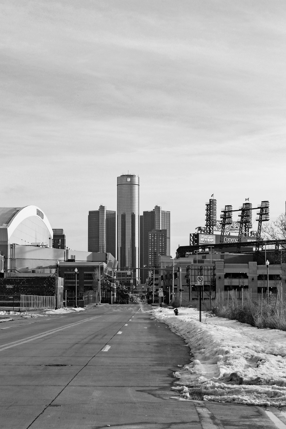 grayscale photo of city buildings