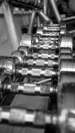 A close-up of a high-quality dumbbell set arranged neatly on a gym rack.