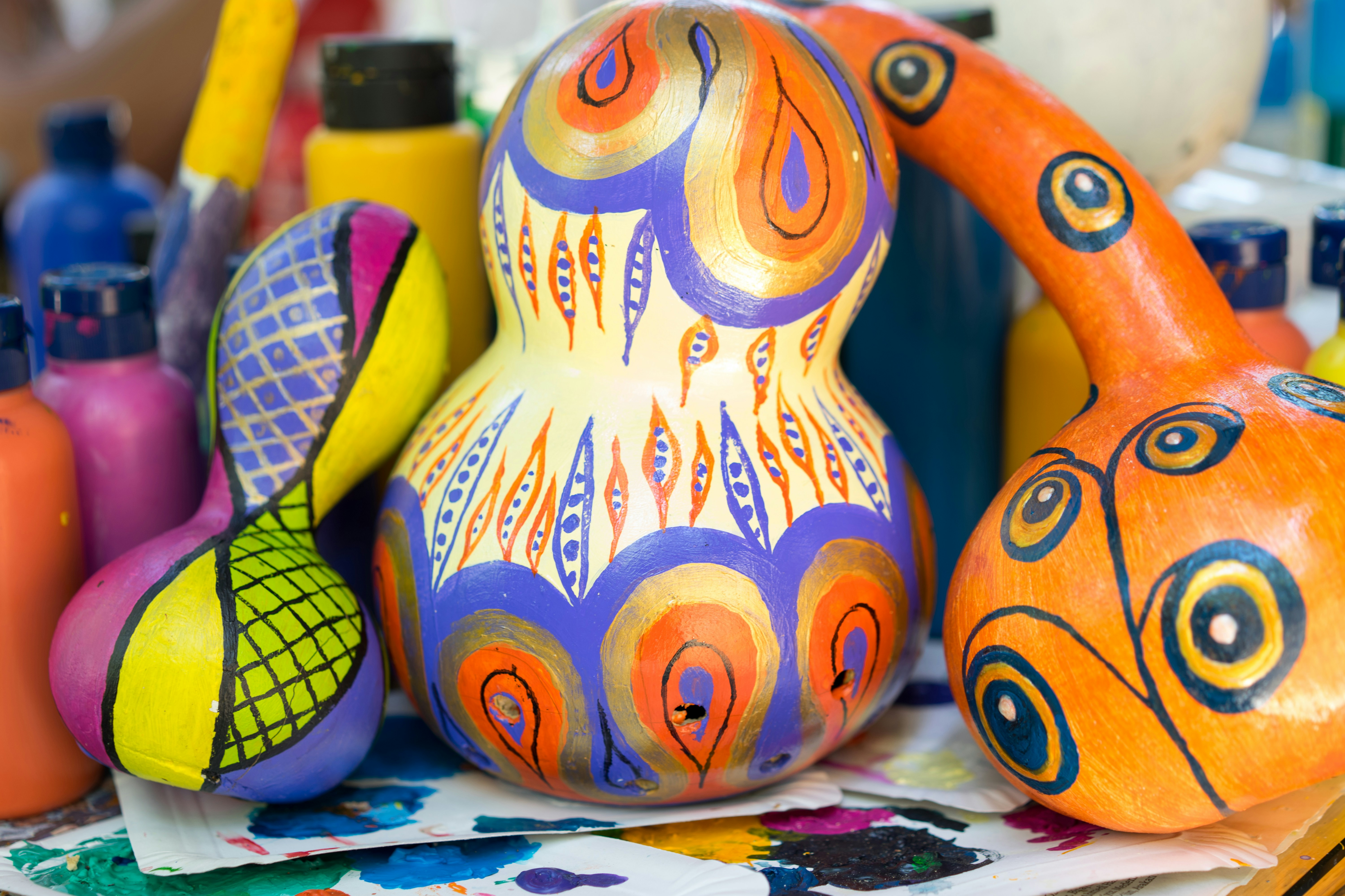 Paint on pumpkin shells: Antalya, Turkey - June 25, 2017. Paint on pumpkin shells - interesting element of interior design - lamps and shades, covered with patterns and pictures