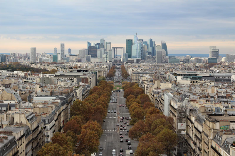 Aerial view of the La Défense business district skyscrapers in western Paris