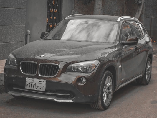 A dark-colored BMW SUV with a slightly dusty exterior is parked on a street. The vehicle has a front license plate from Egypt. The background includes a gray concrete wall and trees with bare branches.