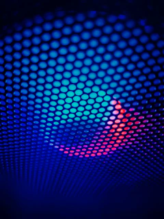 Abstract futuristic grid in black and white with piercing electric blue bursts.