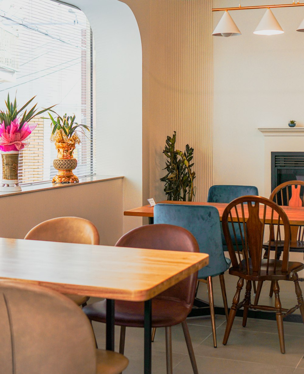 brown wooden table with chairs