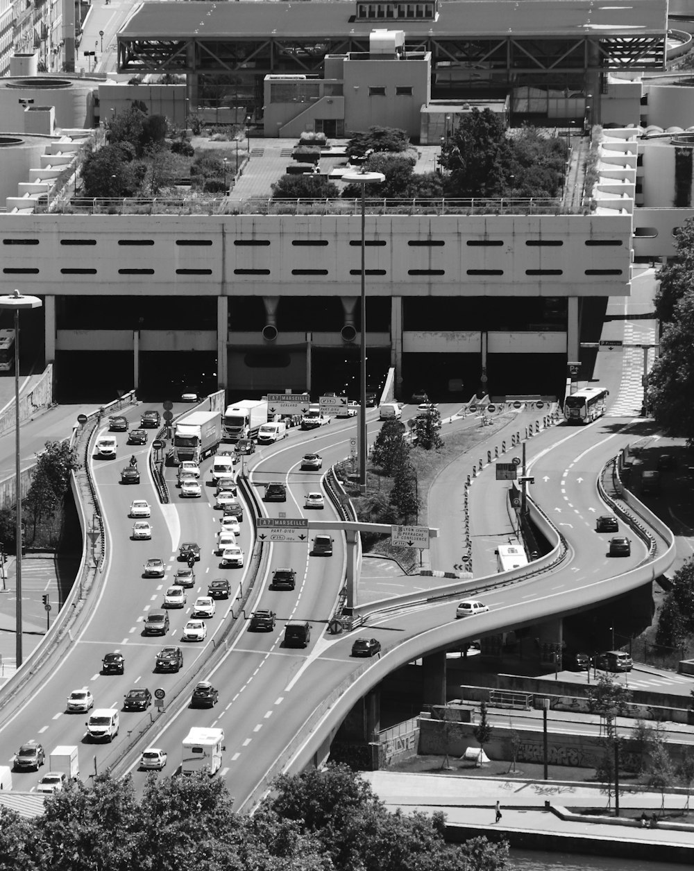 grayscale photo of cars on road