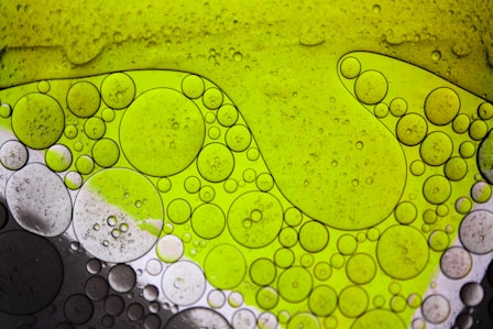 A close-up of oil droplets suspended in water, creating a mosaic of circular shapes. The droplets vary in size, forming an intricate pattern against a background of vibrant yellow and muted gray hues. Some bubbles contain smaller bubbles within them, adding depth to the visual texture.