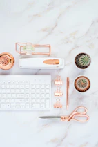 white apple keyboard beside white and green ceramic mug
