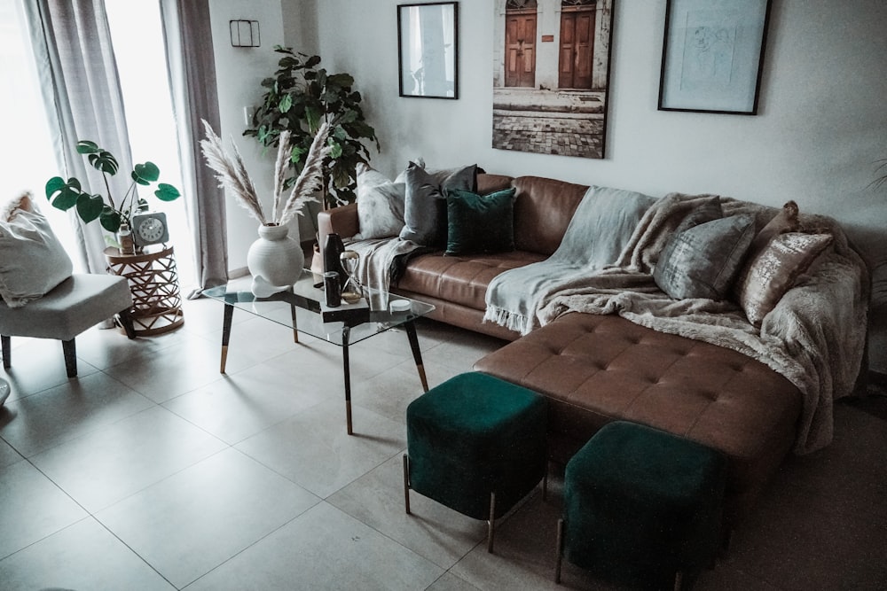 green and white sofa near green potted plant