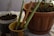 A collection of gardening tools rests in a small ceramic pot beside a larger plant pot filled with soil and green stems. A plastic container with soil is placed nearby. The scene suggests an indoor gardening setup with a focus on planting or potting activities.