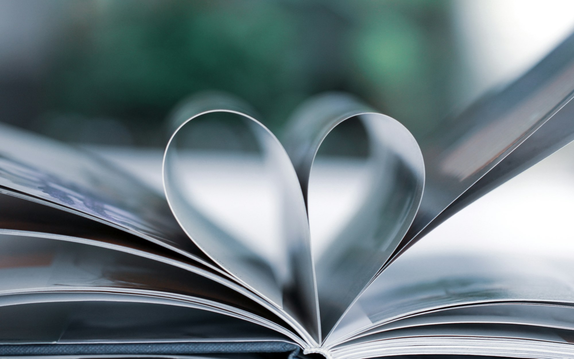 Heart-shaped pages in a book - cool tones