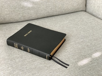 A hardcover book titled 'Holy Bible' rests on a light gray textured fabric surface. Black ribbons protrude from the book's pages, indicating it is often read and marked. The book's cover is dark green with gold lettering.