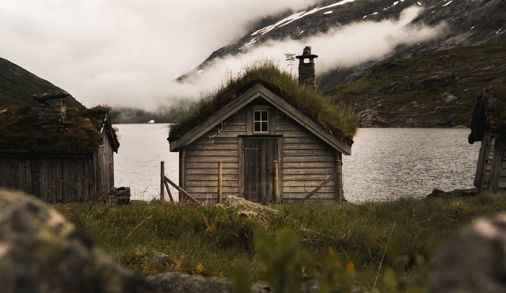 brown wooden house on green grass field near body of water