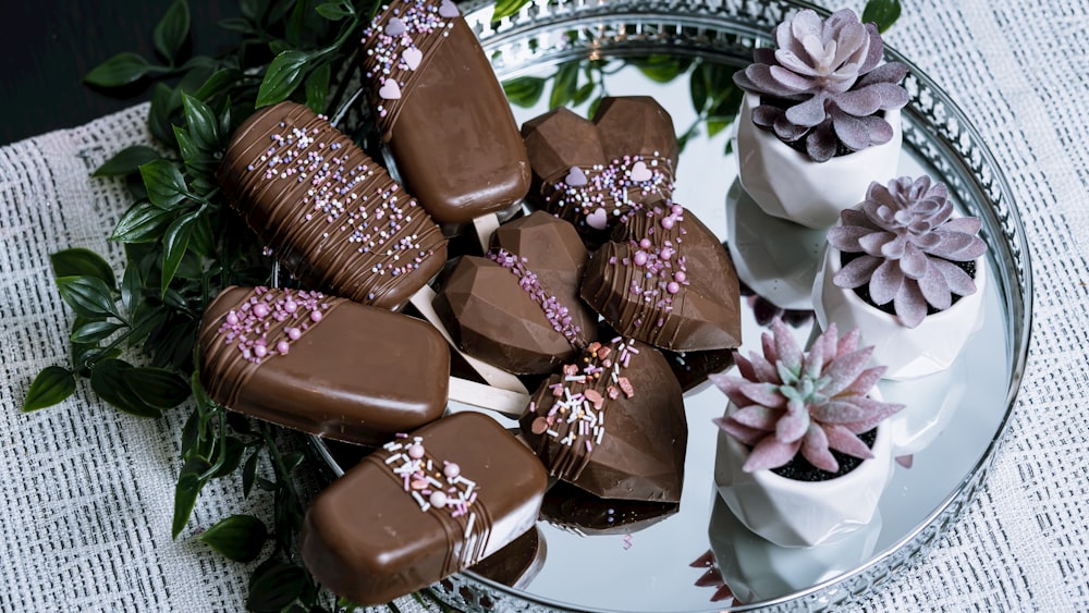 brown and white chocolate on white ceramic plate