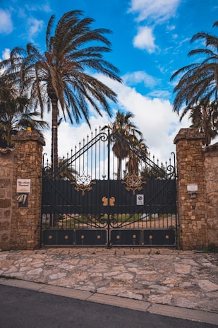 A sturdy wrought iron gate with intricate design, guarding a driveway under a bright California sky.