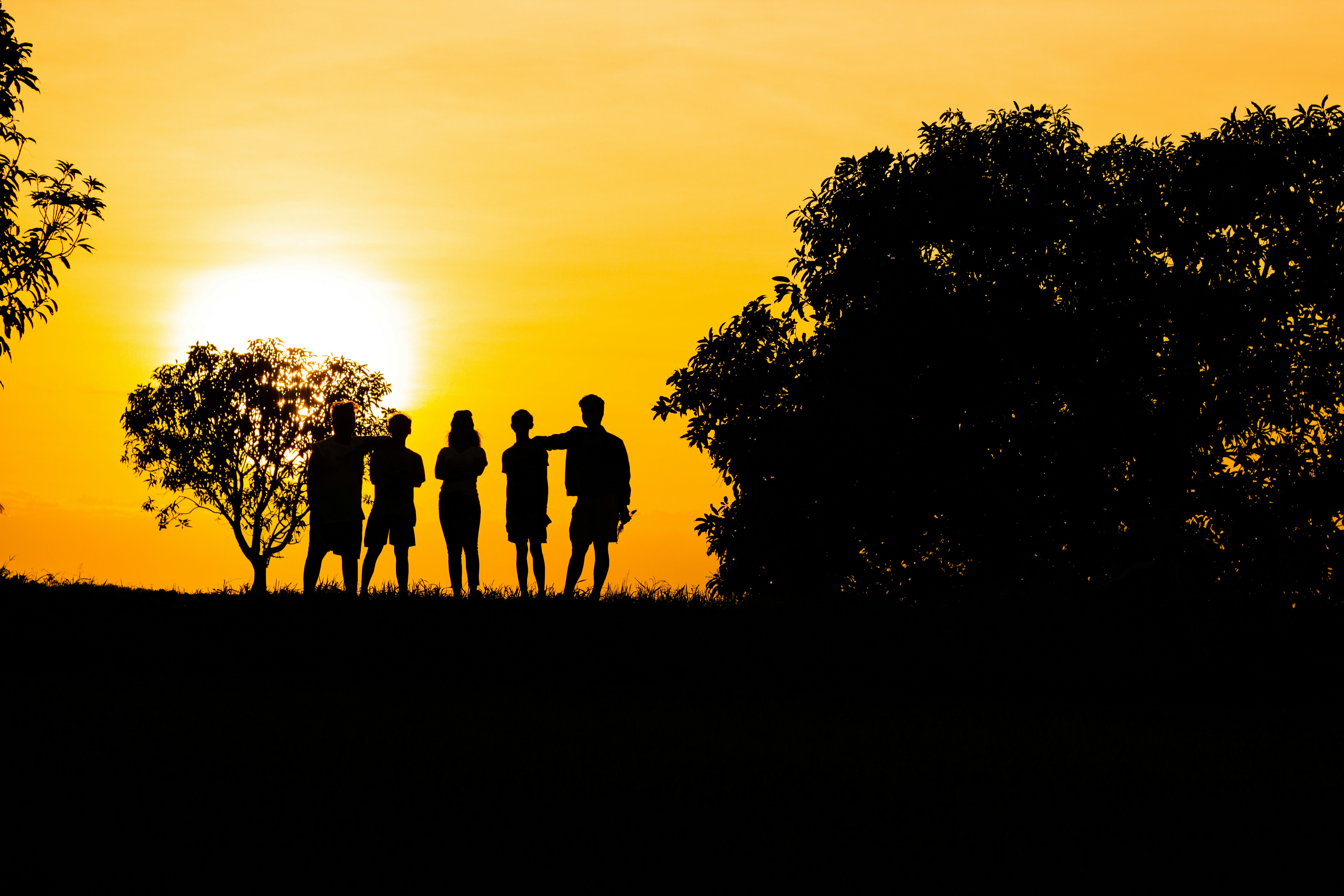 silhouette of 3 men standing on grass field during sunset