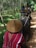 A person wearing a traditional woven hat rides on an elephant through a forested area. Two other individuals are seated on another elephant, visible ahead on a dirt path surrounded by tall trees and greenery.