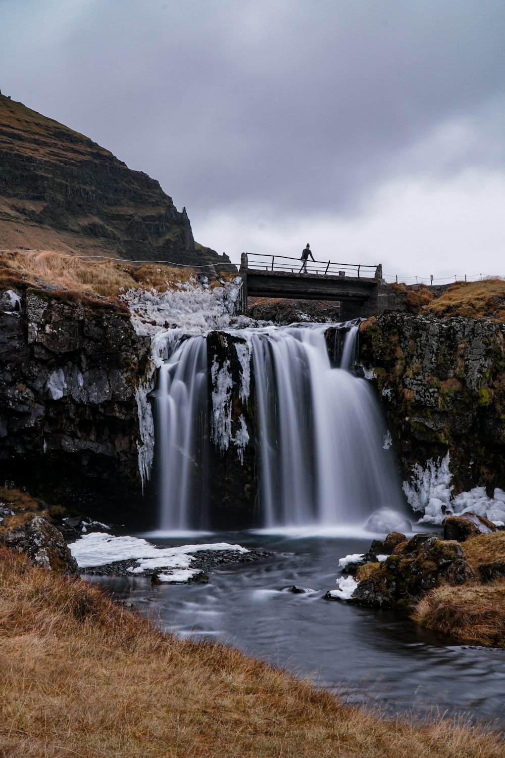 water falls under gray sky