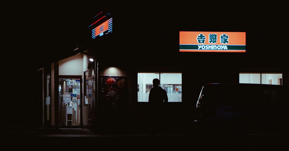 man in black jacket standing near store
