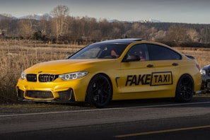 A yellow sports sedan is parked on the side of a road in a rural area, with a logo on the side that says 'FAKE TAXI'. The car has a sleek design with dark-tinted windows and black rims. In the background, there is a field with dry grass and leafless trees, and a mountain range is visible in the distance.